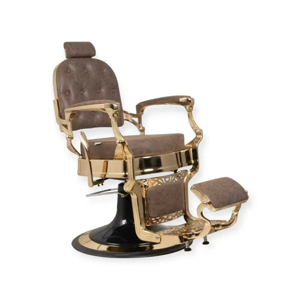 Sillón de barbero FR-58028-HC estructura dorada respaldo cuadrado Aklavik Marrón (005)